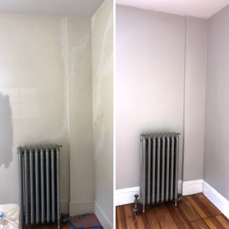 Before and after photo of a wall painting job